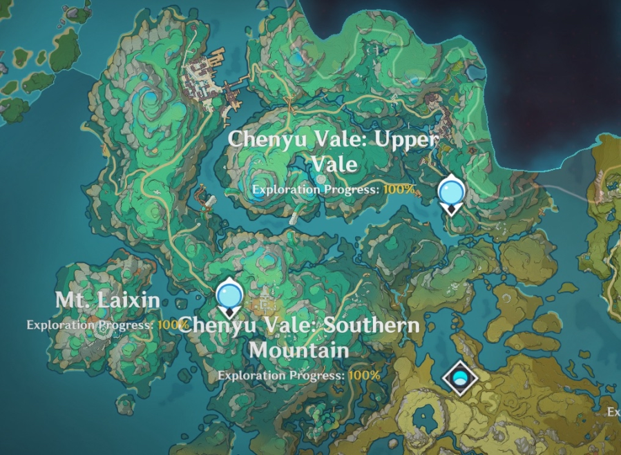 chenyu vale on the in game map. every area is labeled 100%