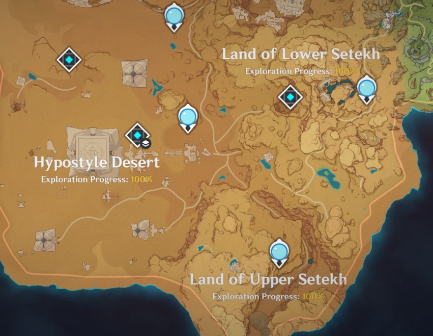 half of sumeru's desert in the in game map. the screenshot contains upper and lower setekeh and the hypostyle desert. every area is labeled 100%