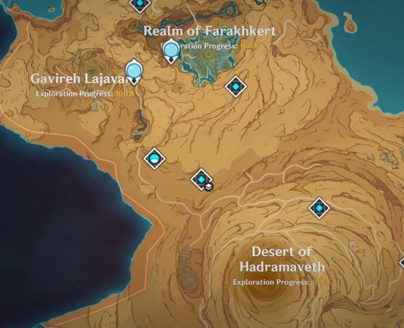 half of sumeru's desert in the in game map. the screenshot contains the desert of hadramaveth, and the two pari areas. every area is labeled 100%