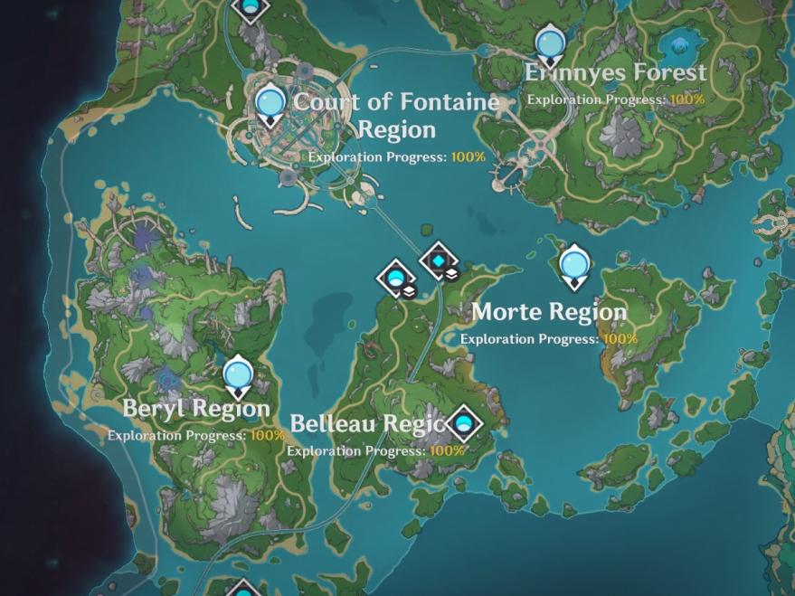 the lower fontaine regions the in game map, every area is labeled 100%