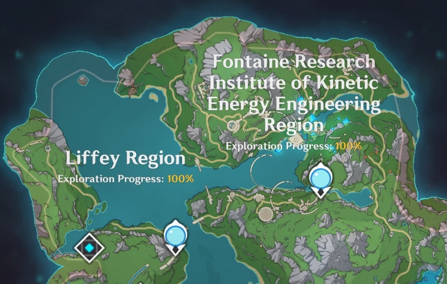 the upper fontaine regions the in game map, every area is labeled 100%