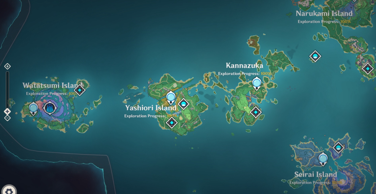 inazuma's portion of the in game map, every area is labeled 100%