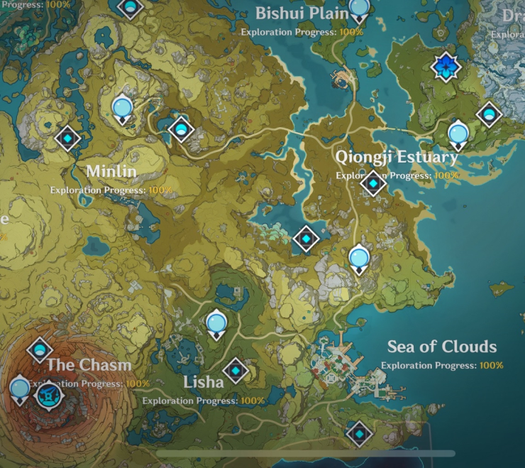 liyue's portion of the in game map. every area is labeled 100%