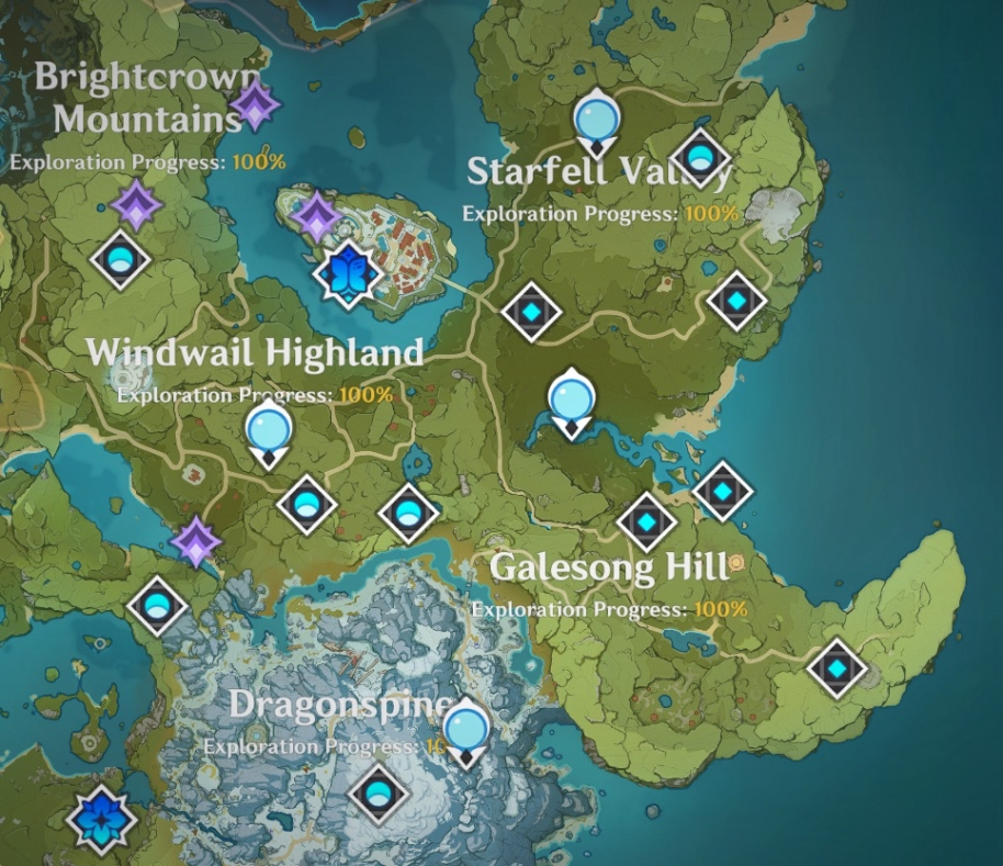 mondstadt and dragonspine's portion of the in game map. every area is labeled 100%