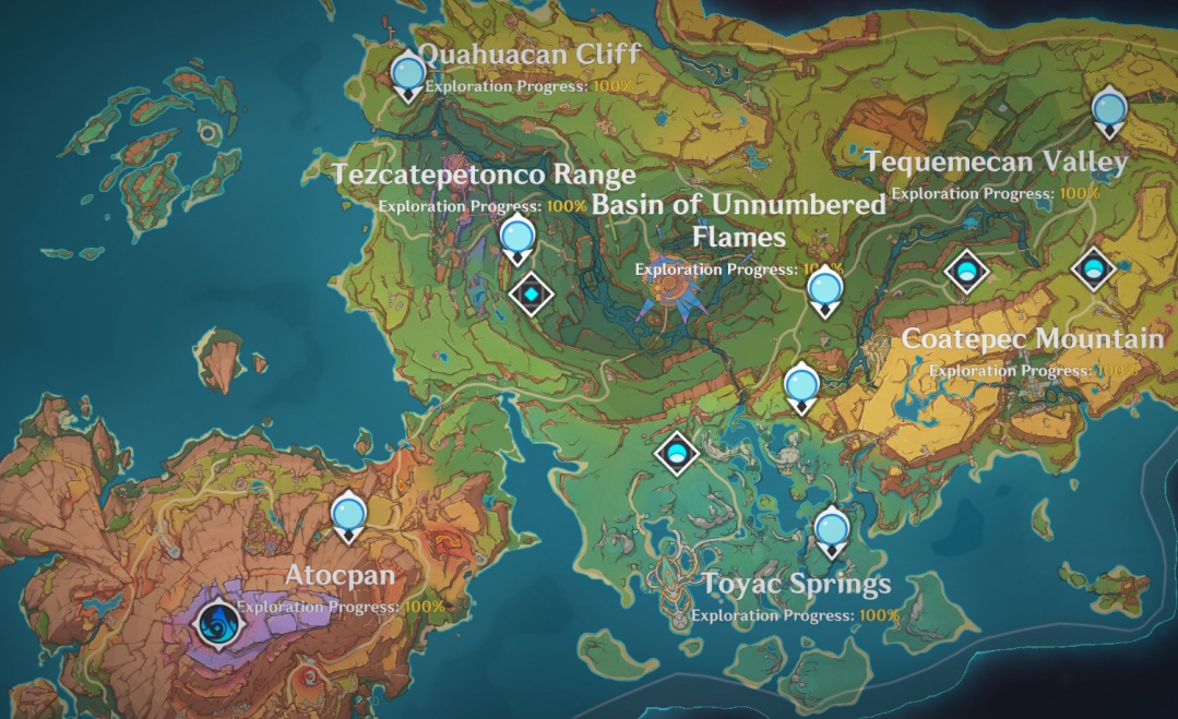 natlan's portion of the in game map, every area is labeled 100%