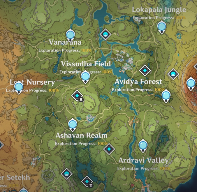 the jungle part of sumeru in the in game map, every area is labeled 100%