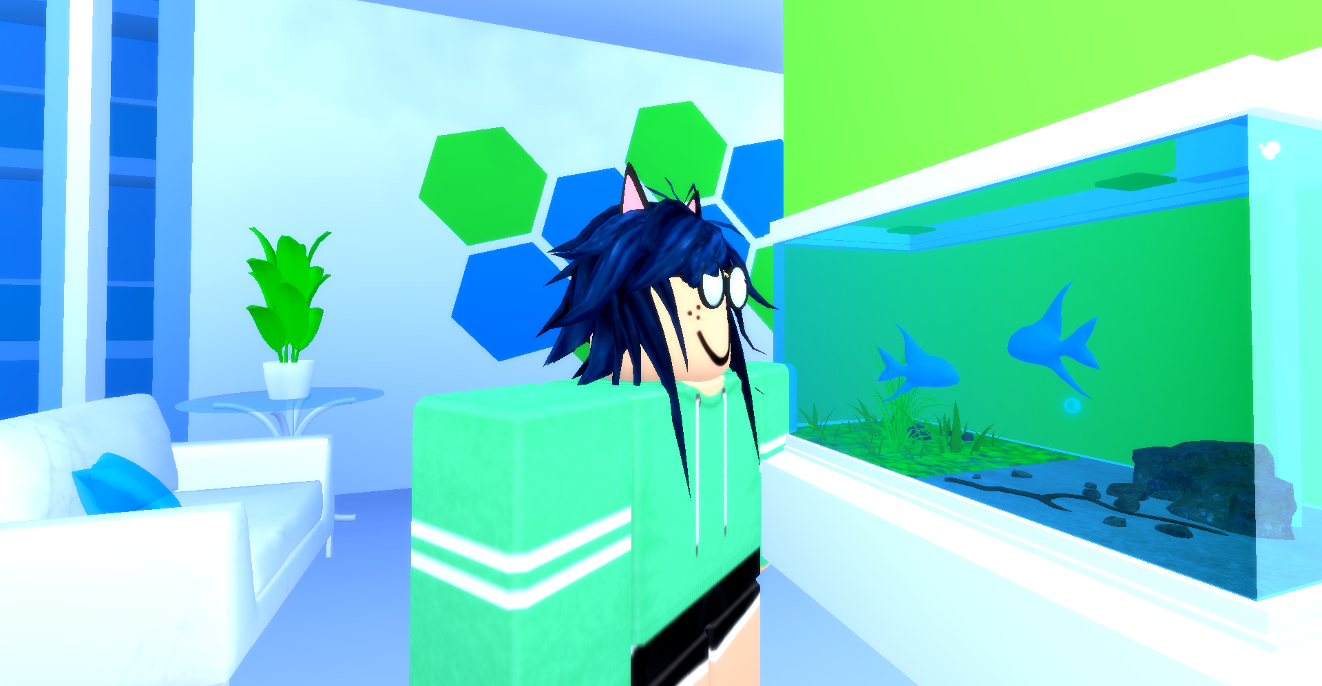 my robloxian staring at a fish in a tank in a white blue and green room
