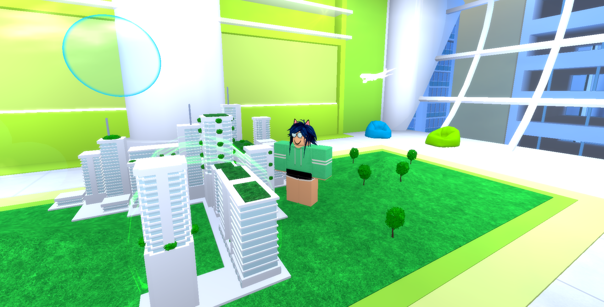my robloxian next to a diorama of a white futuristic city in a lime green room