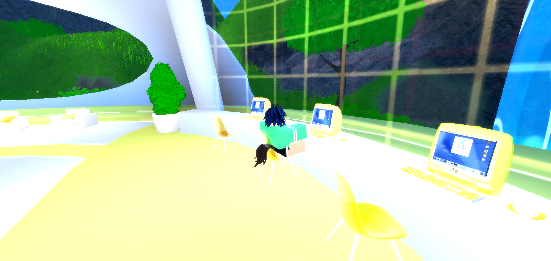 my robloxian sitting at an old computer in a white and yellow room