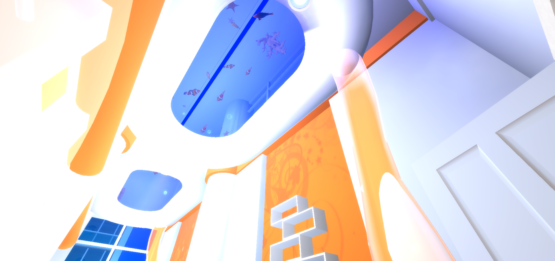 first person pov pic of an orange and white room's roof. there is a fish tank in the roof, and you can see creatures and fish in the tank