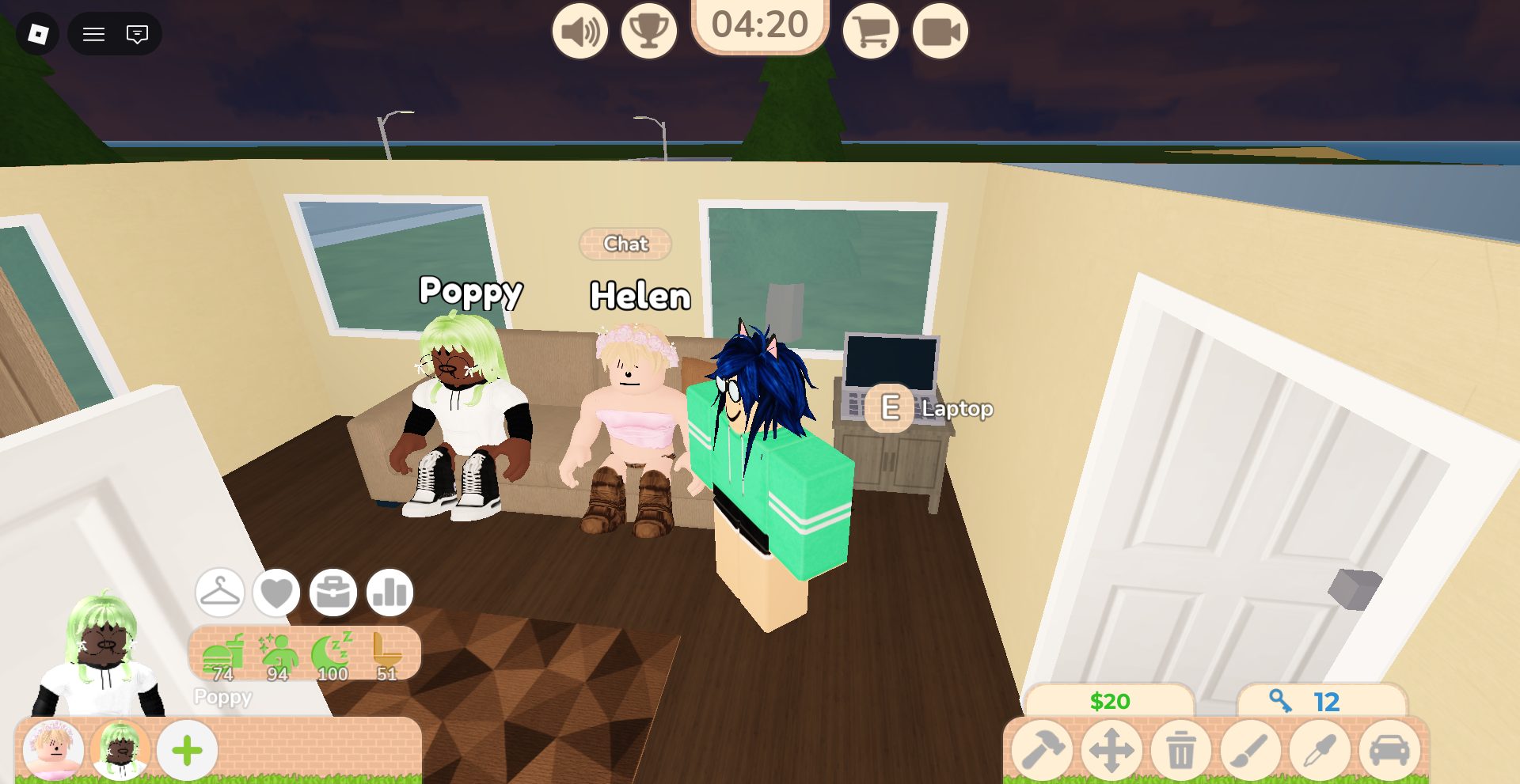 two robloxians sitting on a couch in a small living room. one is labeled helen and has blonde hair and a cutesy boho style, and the other is poppy, who has light green hair and comfortable, mildly scene aesthetic clothing. my robloxian stands beside them.