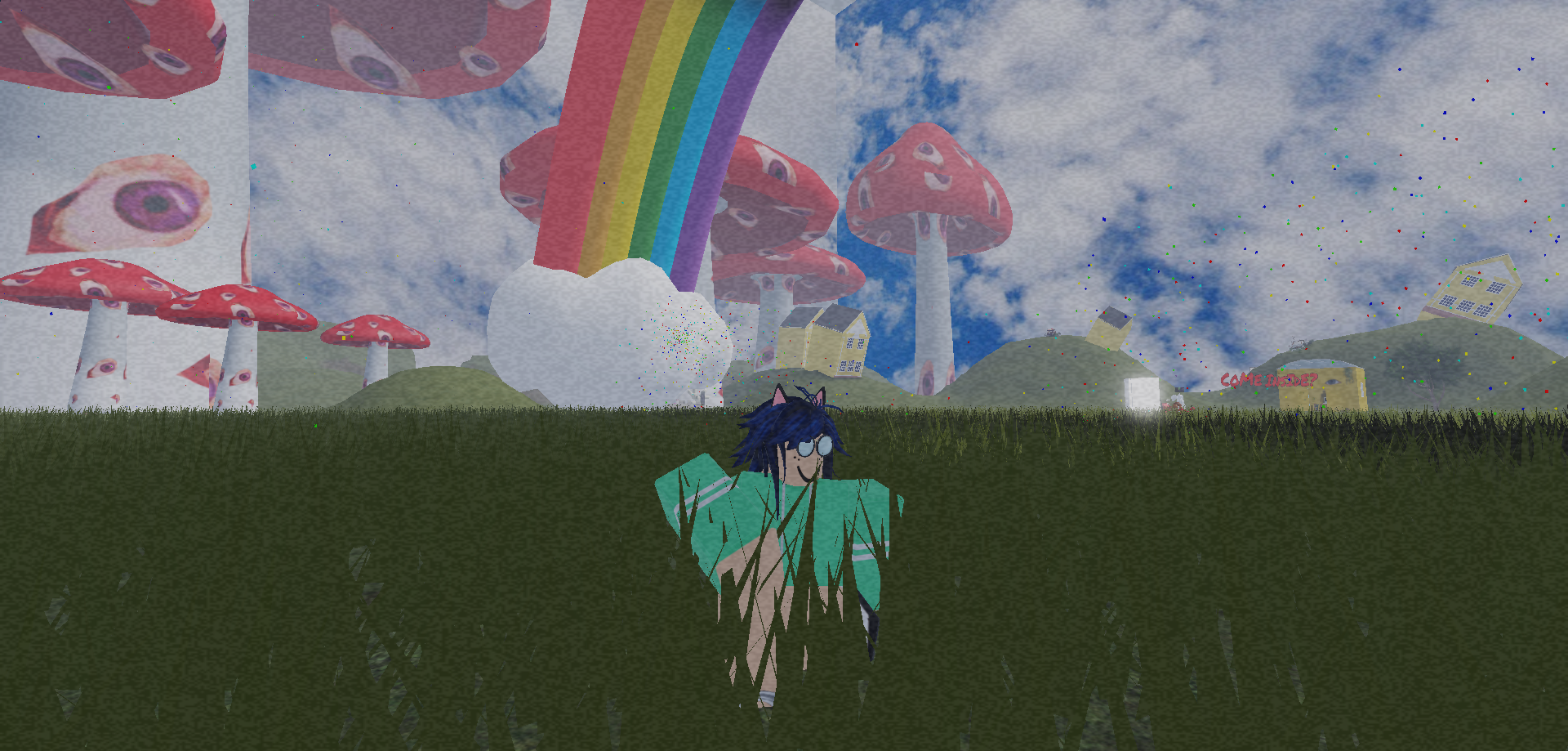 my robloxian sits in a large grassy field with hills in the background. there are giant red mushrooms with eyes, yellow houses, and the beginning of a rainbow can be seen in the background.