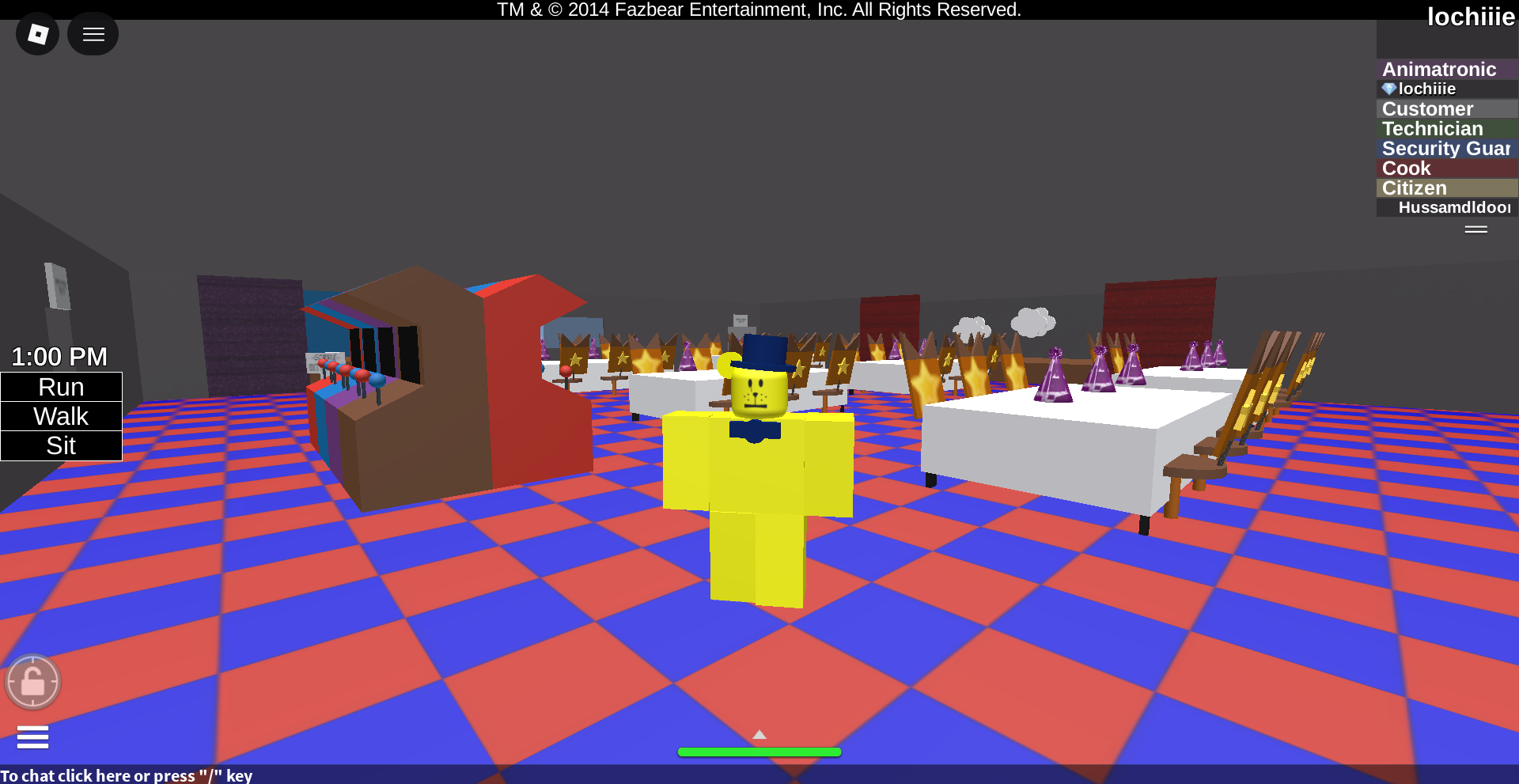 a robloxian made to look like golden freddy stands in a recreation of the dining room from fnaf 1