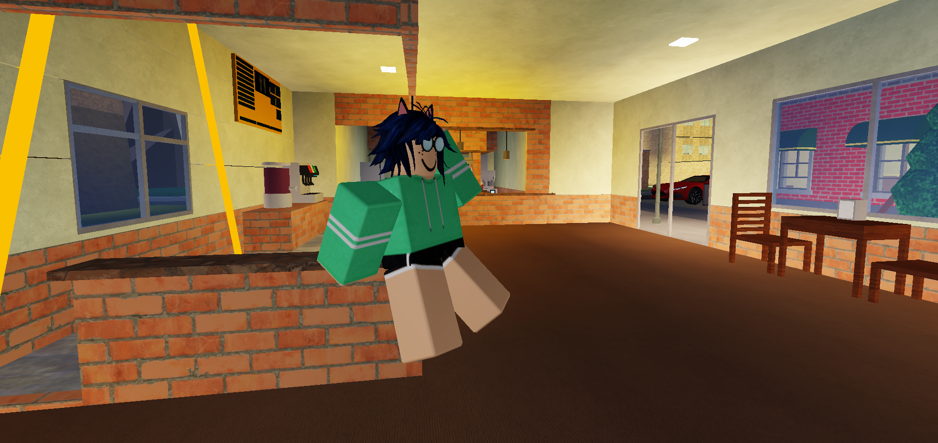 my robloxian sits on a counter in a restaurant that looks similar to a mcdonalds