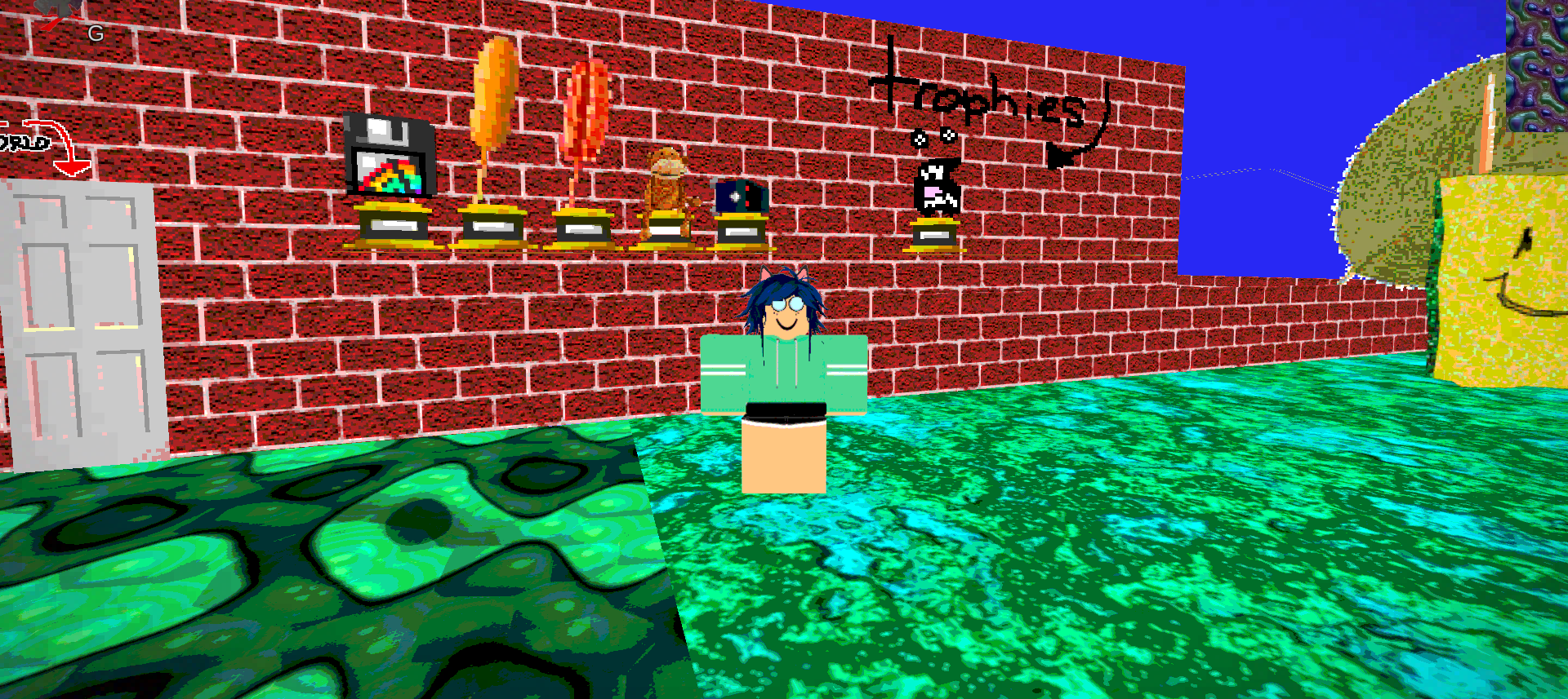 my robloxian stands next to a brick wall with a shelf attached. there are a few trophies ontop of the shelf. the art style of the game is bright and pixelated