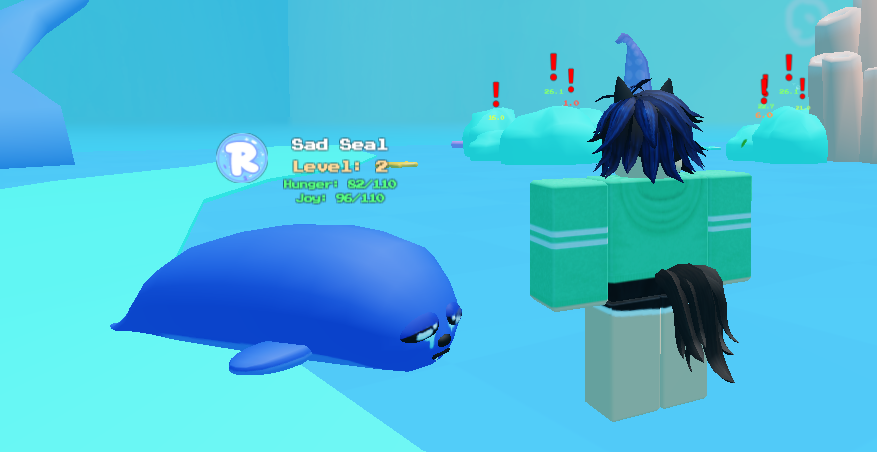 a medium blue seal with sad, big dark eyes halfway faces the camera. my robloxian stands next to it with it's back turned